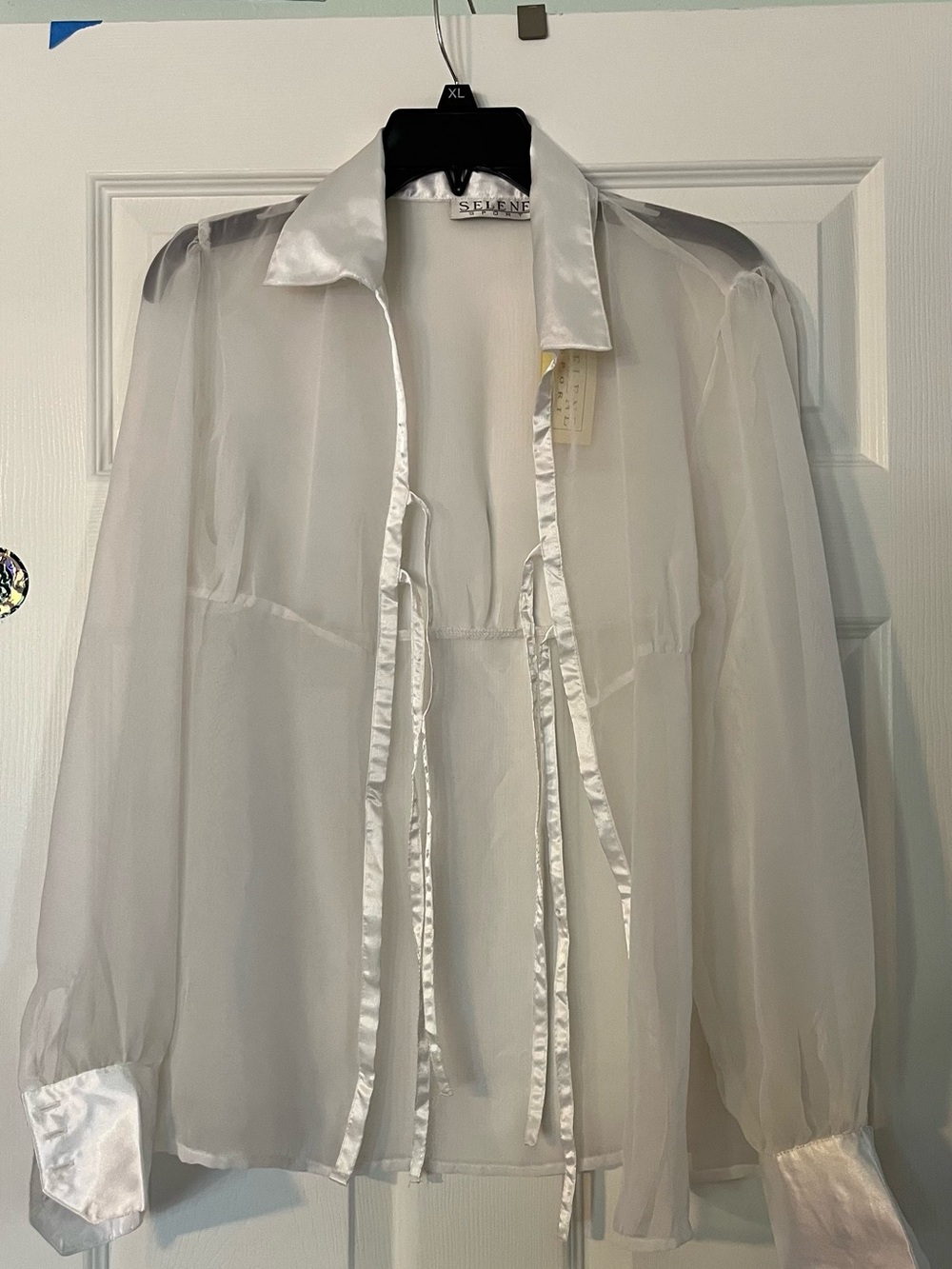Selene Sport Sheer White Ribbon-Tie Blouse